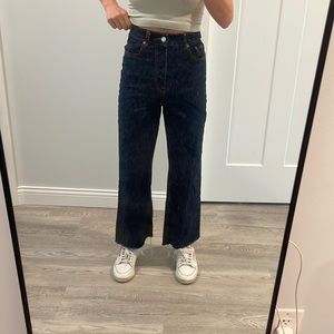 ZARA High Waisted Dark Wash Straight Leg Ankle Straight Wide Leg Jeans